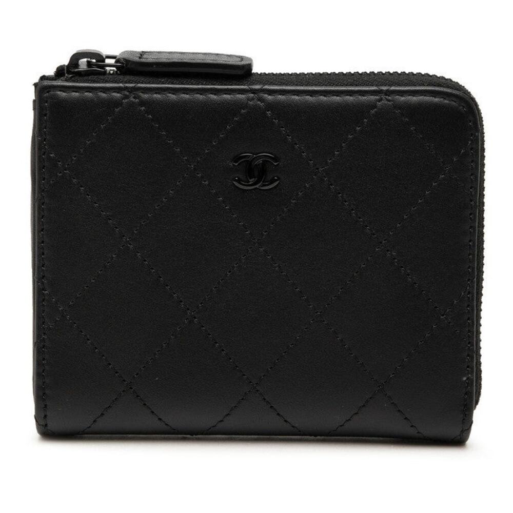 Chanel CC Logo Matelasse L-shaped Zipper Leather Coin Purse Black